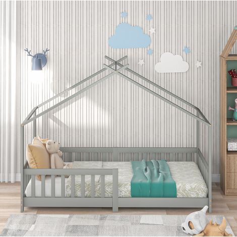 Lit cabane enfant 90x200 cm en bois gris clair, gain de place pour chambre, sans matelas FloraGrace (1/5)