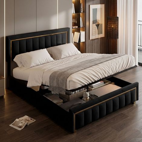 Lit coffre 160x200 cm avec sommier, lit double capitonné avec rangement et tete de lit, lit hydraulique avec à lattes lits, pour adultes et ado,velours, noir