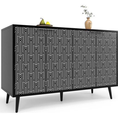Buffet Mit 2 Türen und Verstellbaren Einlegeböden, Geometrisches Muster, MDF und Metall, 120×35×78 cm, Schwarz (1/5)