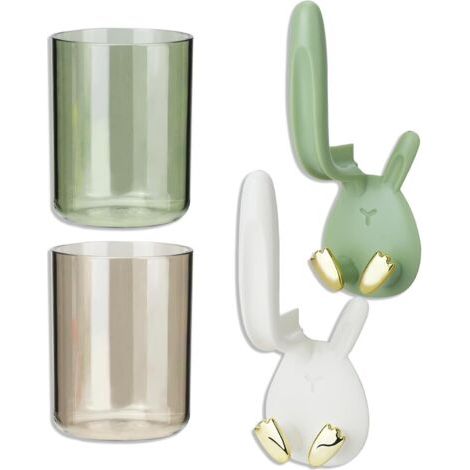 Sollbry 4 Pièces Porte-Brosse à Dents, Oreille de Lapin Support Brosse a Dent électrique avec 2 Godets de Rinçage Buccal, Porte Brosse à Dents Mural pour Salle de Bain Cuisine Salon (Blanc, Vert) (1/5)