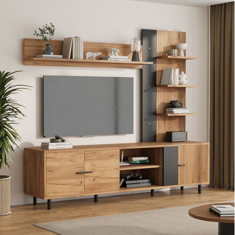 Mobile TV sospeso 187,5x40x167 cm in pannelli di legno nero, con contenitore FloraGrace (1/5)