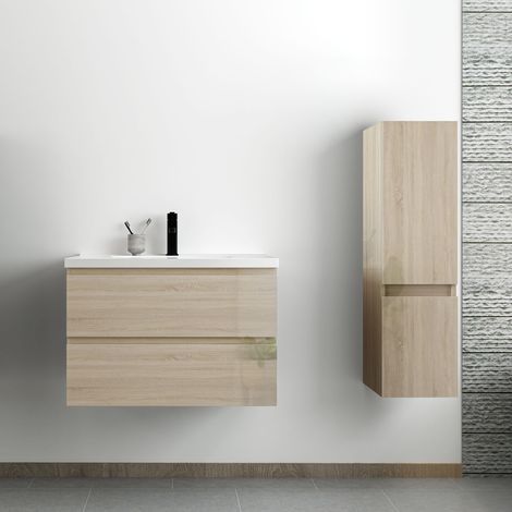 Ocean ensemble meuble salle de bain 80 cm Chêne Wotan brillant avec 2 tiroirs à fermeture automatique, lavabo céramique simple + colonne, suspendu
