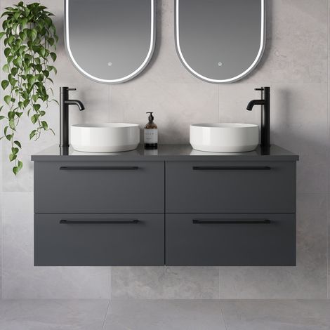 Napoli 460 Gloss Grey 1200mm Wall Mounted 4 Drawer Vanity Unit for Countertop Basins - 1200mm - Matt Black 320mm Handle