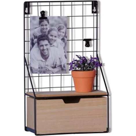 Mensola da parete in ferro ripiano e cassetto in legno MDF arredamento stile industriale scaffale (1/4)