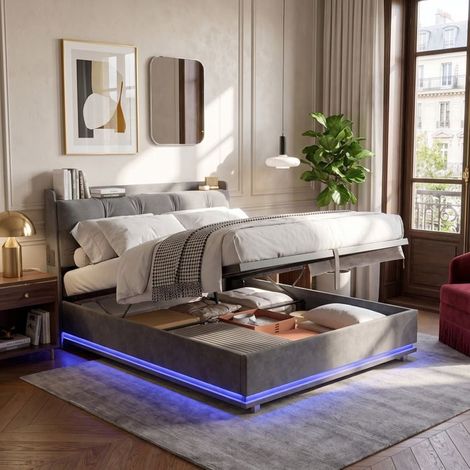 Lit avec sommier - Coffre velours 140x190 - LED multicolore - Ports USB/Type-C - Sommier à lattes (1/5)