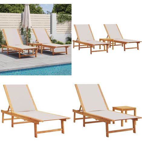 Chaises longues lot de 2 table gris bois d'acacia et textilène - Chaise Longue - Transat - Lit De Soleil - Lit De Bronzage - Mobilier De Jardin - Home & Living (1/5)