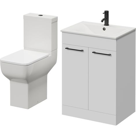 Napoli 460 Gloss White 600mm 2 Door Vanity Unit and Tacoma Comfort Height Toilet Suite with Angel Basin - 600mm - Matt Black 160mm Handle