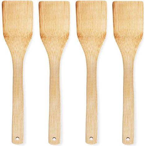 Juego de 4 espátulas de bambú para cocinar: cucharas planas para ollas hechas de bambú natural，antiadherentes y sostenibles para cualquier cocina (1/5)