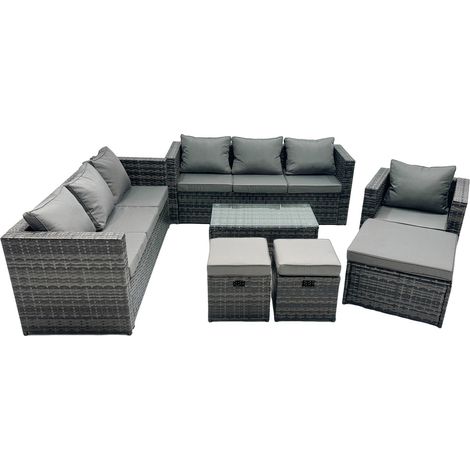 Fimous Rattan Garden Furniture Dining Set 10-seater Patio Coffee Table Sofa Set with 3 Stools Dark Grey Mixed (1/5)