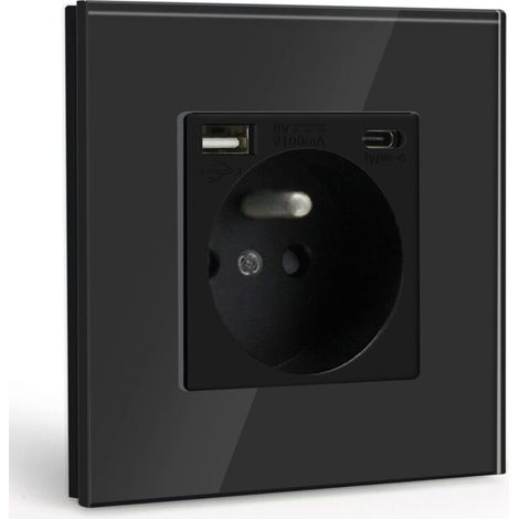 Prise murale USB et Type C – Charge rapide 2.1A – Panneau en verre trempé – Protection contre chocs électriques – 250V 16A