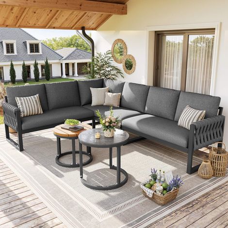 Salon de jardin modulable 5-6 places avec coussins 8 cm déhoussables, 2 tables, pieds réglables, structure métal, gris (1/5)