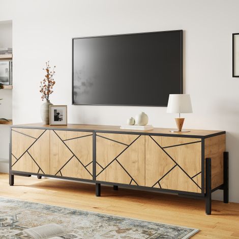 Meuble TV de 153 x 40 x 50 cm, meuble TV à 4 portes, au design géométrique contrasté, adapté aux téléviseurs d'environ 65 pouces, naturel rehaussée de lignes noires (1/5)