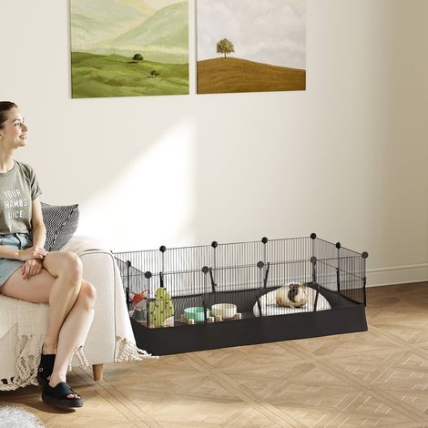 Kleintiergehege, modularer Kaninchenkäfig mit 12 Paneelen und wasserdichter Matte, aus Stahl, 120 x 60 x 40 cm, schwarz