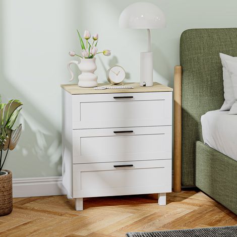 Meuble de rangement 3 tiroirs design contemporain, piètement en bois naturel et dessus aspect bois, 60 x 38 x 71 cm, blanc (1/5)