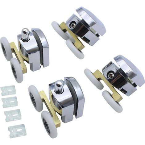 Lot de 4 roulettes de porte de douche, roulettes de porte en verre de douche, poulies jumelles en laiton avec bras de 25 mm de diamètre pour cabine de douche, salle de douche (1/5)