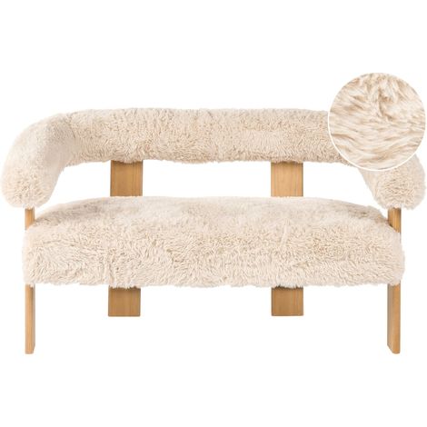 Divano a 2 posti rivestimento in pelliccia sintetica e gambe in legno marrone chiaro colore bianco sporco Ilbro