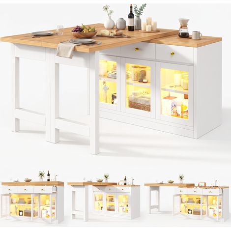 FurnitureR White Extendable Kitchen Island 120 to 200cm with LED Storage (1/5)