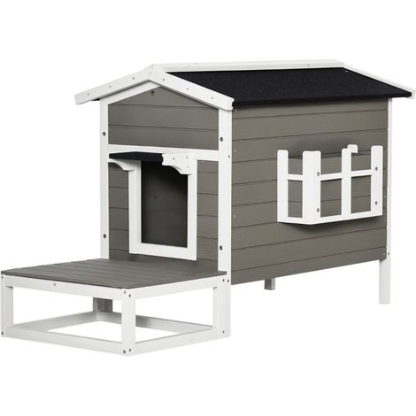 Maison en bois pour chat étanche et isolée avec toit en bitume et terrasse, abri extérieur pour jardin et balcon 115 x 66,5 x 74,7 cm gris et blanc (1/5)