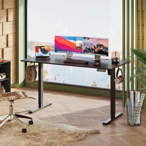Bureau réglable en hauteur DEVAISE 100×60 cm, plateau monobloc, moteur silencieux et 3 positions mémorisables, bureau ergonomique assis-debout pour le bureau, noir (1/4)