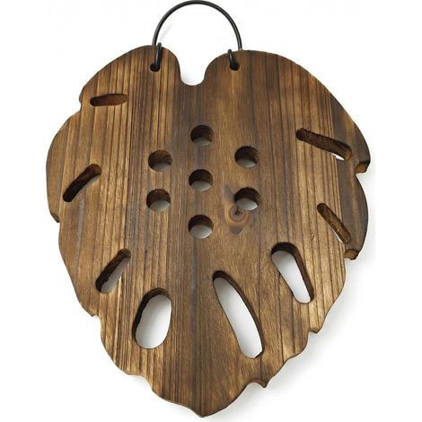 Pot mural en bois carbonisé, motif feuille de Monstera, 21 x 24 cm, support pour plante suspendue (1/5)