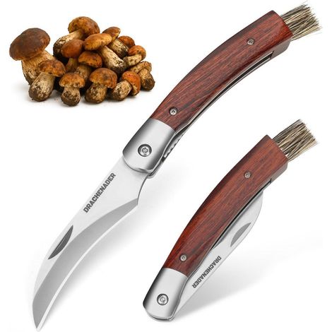 Couteau à champignons avec brosse, pliant, manche en bois, Liner Lock, acier 5Cr14MoV