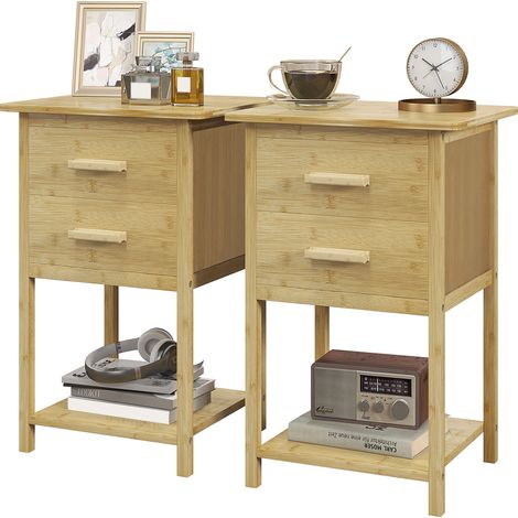 Lot de 2 tables de chevet table de nuit en bambou avec 2 tiroirs et 1 étagère 40 x 34 x 60 cm naturel (1/5)