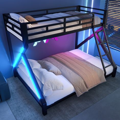 Lit mezzanine 90 x 200 cm - Structure en fer - Échelle de rangement intégrée - Bureau intégré - Éclairage LED + port USB - Noir (matelas non inclus)