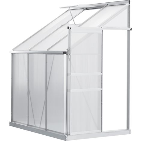 6 x 4ft Lean to Wall Polycarbonate Greenhouse Aluminium Walk-in Garden Greenhouse with Adjustable Roof Vent, Rain Gutter and Sliding Door, Clear