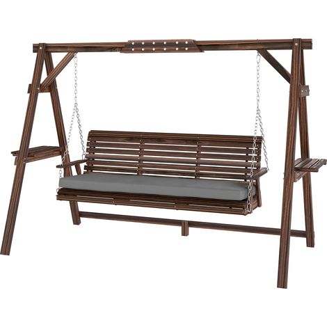 Balançoire Hollywood, balançoire de jardin 3 places en bois, avec coussin d'assise et étagères, supporte jusqu'à 330 kg, finition carbonisée (1/5)