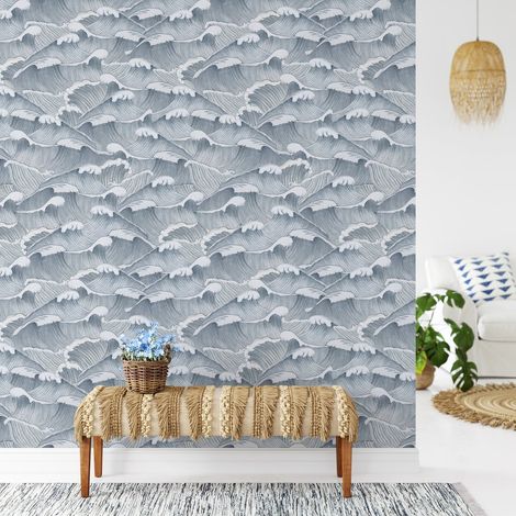 Vintage selbstklebende Tapete mit künstlerischen weißen und blauen Meereswellen