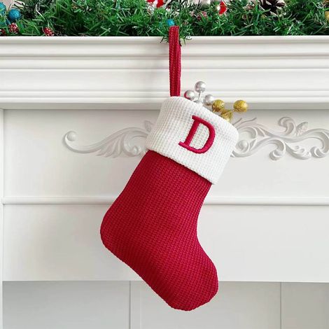 Chaussette De Noël - Tricotée En Laine - Brodée Lettre D - Pour Décoration De Cheminée Ou Arbre De Noël - 1 Pièce (1/5)