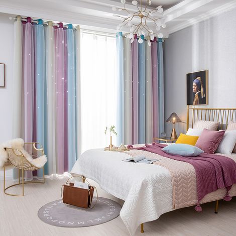 Decdeal Rideaux à étoiles ajourés, transparents, double couche, violet, 160 x 135 cm (63 x 53 pouces), style ajouré, pour chambre ou salon