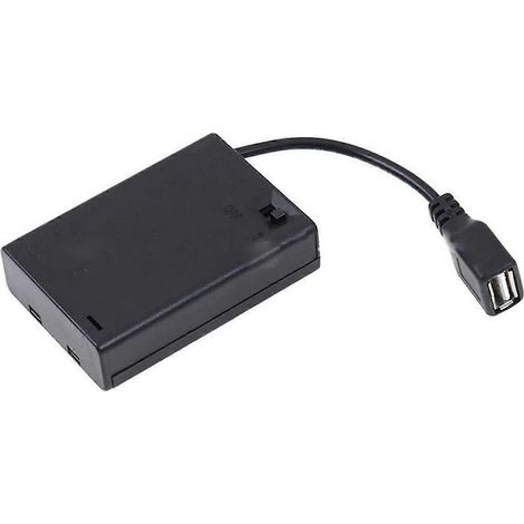 Boîtier pour 3 piles AA avec couvercle et interrupteur, connecté à un connecteur USB femelle, noir (1/5)