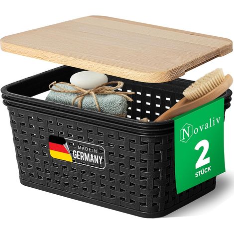 Novaliv lot de 2 paniers de rangement élégants avec couvercles en bois aspect rotin Plastique alimentaire noir 2L Parfait pour la salle de bain