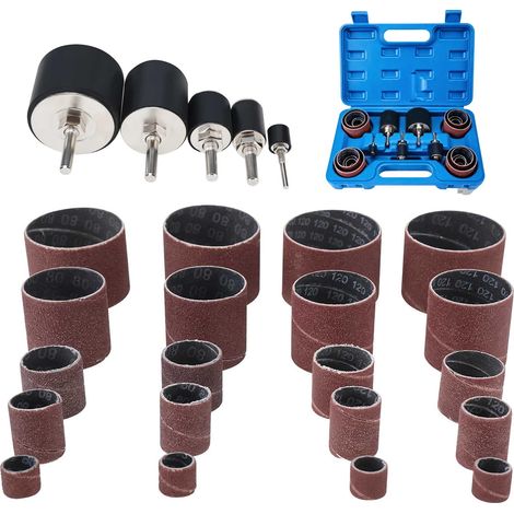 25pcs Tambour de Ponçage pour Perceuse, 80 et 120 Grain Manchon Abrasif a Poncer, Kit Tambour Manchons de Poncage avec 1/8" et 1/4" Mandrins Cylindre à Poncer pour Bois PVC (Bleu) (1/5)