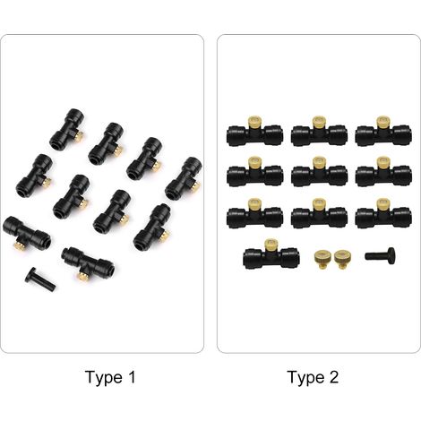 Kit de 10 buses de brumisation en laiton avec raccords en T et bouchon, 6,35 mm (1/4 pouce), pour système de brumisation rafraîchissant de jardin extérieur. (1/2)