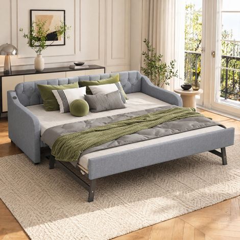 Divano letto estraibile 90x200 cm grigio in lino e MDF con porta USB (1/5)