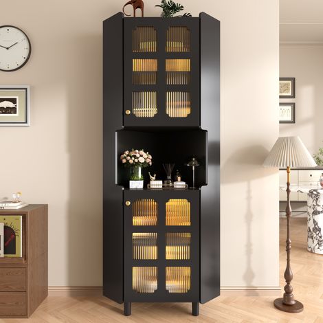Meuble d'angle LED 63,5x157,5 cm, 2 portes vitrées, niche ouverte, 10 couleurs, pilotable par appli, MDF noir laqué (1/5)