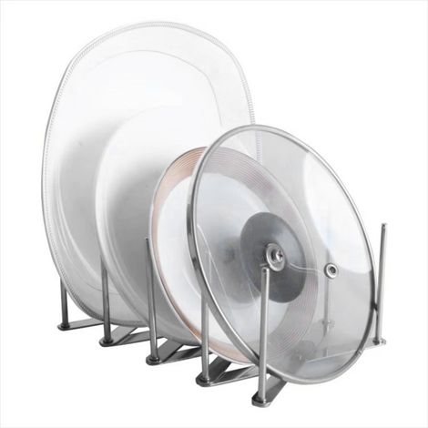 Organizador de utensilios de cocina de acero inoxidable, soporte para tapas de ollas y platos, 4 secciones, longitud ajustable extensible hasta 48 cm (19 pulgadas).