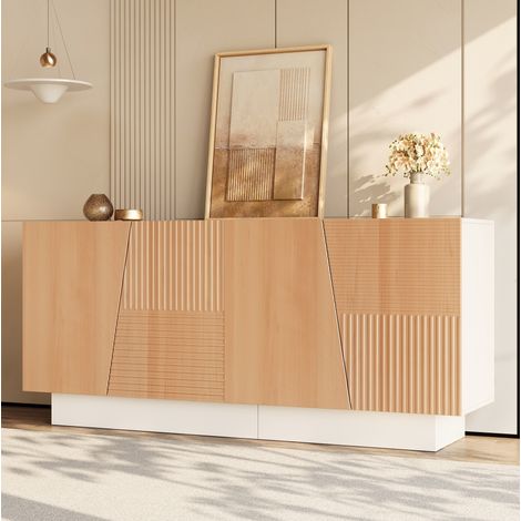 Aparador 160x40,5x72 cm con 4 puertas, estantes ajustables y 2 compartimentos, MDF y tablero de partículas, blanco y natural (1/5)