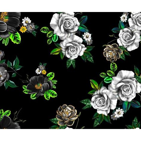 Tela decorativa para exteriores Oxford - motivo de rosas blancas sobre fondo negro I DR112 (1/5)
