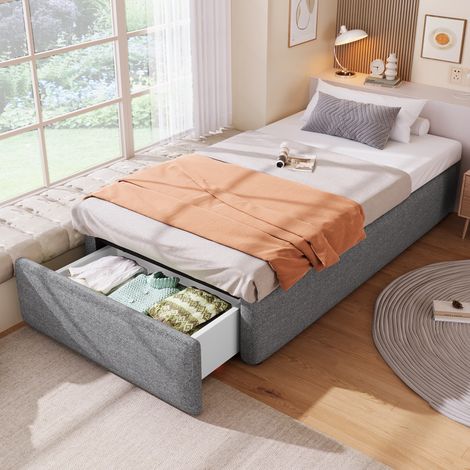Lit plateforme 90x200 cm en tissu gris, avec rangement pour chambre, sans matelas FloraGrace (1/5)