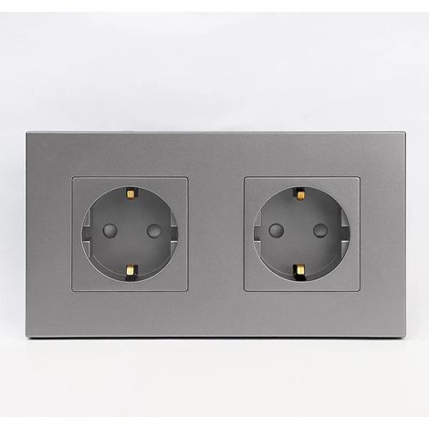 Enchufe doble 16A 250V  2 terminales  Marco de policarbonato gris de 157 mm  Montaje en pared  Uso eléctrico doméstico y en talleres (1/5)