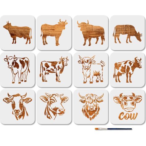 12 pochoir Réutilisable pour Vaches et Bovins des Highlands 15 × 15cm Modèles D'Art pour Animaux de la Ferme avec Pinceau pour Fenêtre Mur en Bois Décoration de la Maison (1/5)