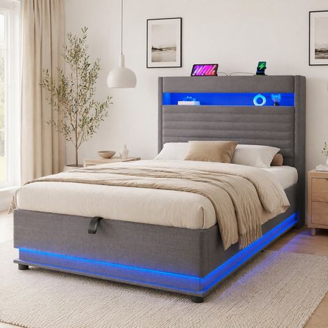 Cama tapizada con almacenaje 90x200 cm gris con LED, USB y carga Tipo C (1/5)