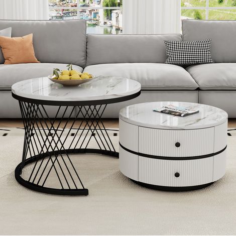 Table basse ronde gigogne 60x60x46 cm et 50x50x31 cm, blanc, 2 tiroirs, effet marbre, MDF MEUBLIV (1/5)