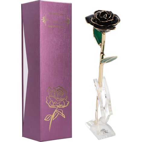24K Golded Rose Flower Black Protein Resin with Base Gift for Valentine's Day Birthday (1/5)