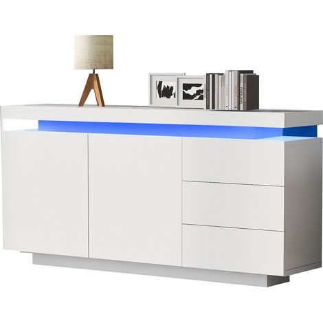 Buffet moderne avec éclairage LED, armoire basse 2 portes 3 tiroirs, meuble de rangement blanc laqué, haut plateau, porte-serviettes, sans poignées, 140x35x72.5cm. (1/5)