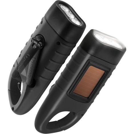 Lot de 2 lampes de poche à énergie solaire à manivelle rechargeable LED lampe de poche d'urgence torche de survie mousqueton à dégagement rapide torche dynamo pour sports de plein air noir noir (1/5)