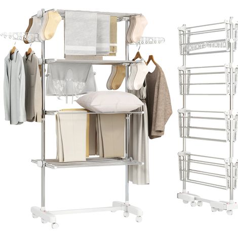 Séchoir, Pliable, 4 Niveaux, 80-142 x 55 x 172 cm, Matériau Plastique, 6 Roues (1/5)